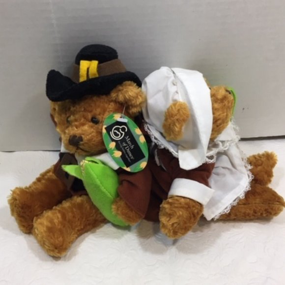 TWO Pilgrim Teddy Bears Thanksgiving Fall PLUSHLAND March of Dimes 8" - Picture 2 of 10